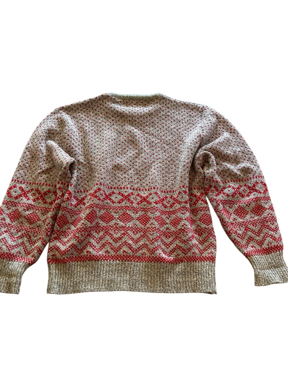 Vintage Wool CrewneckTextured Fair Isle Sweater in Marled Gray & Red. Size Large